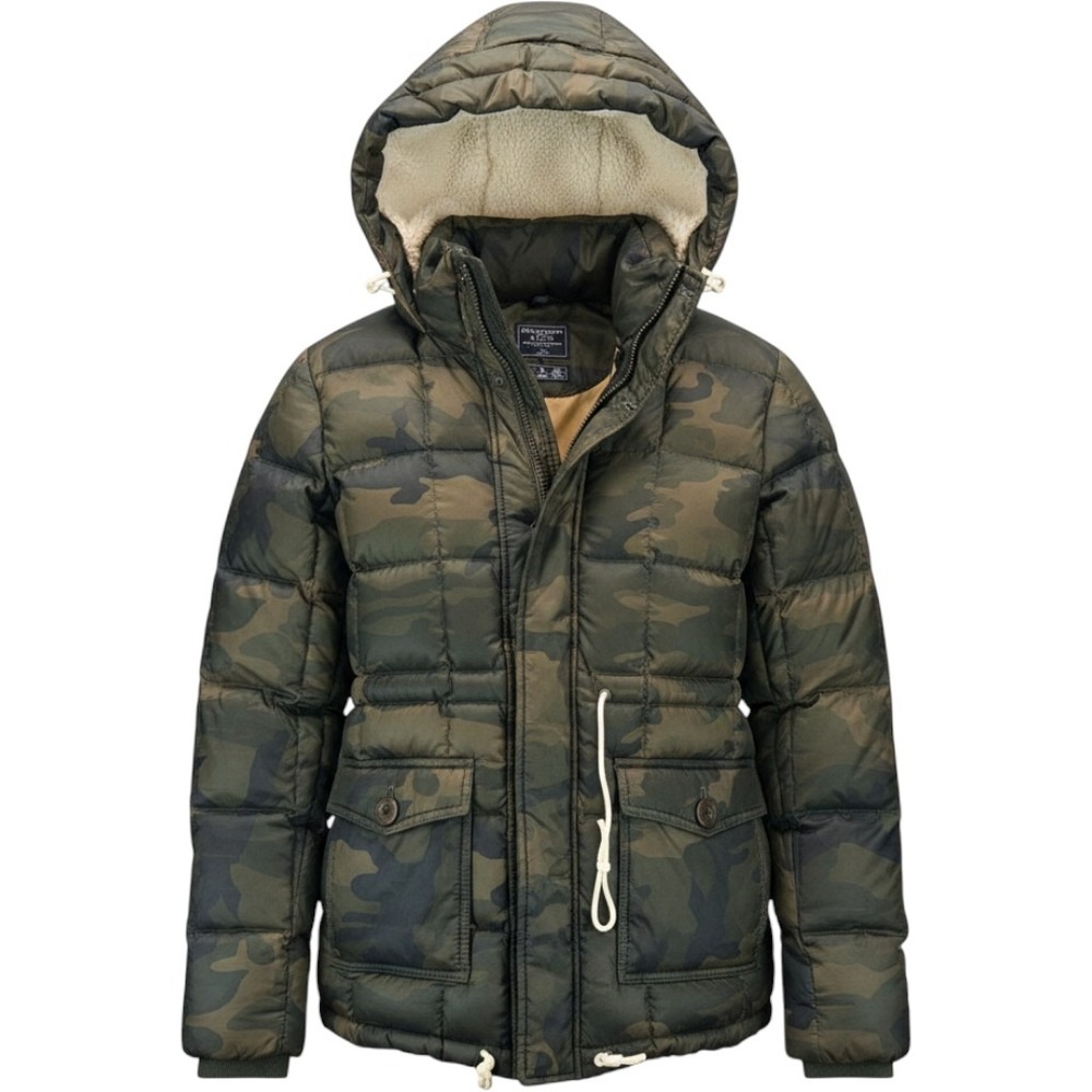 Abercrombie & Fitch Womens XS Camo Down Puffer Jacket Sherpa Hood Parka Green